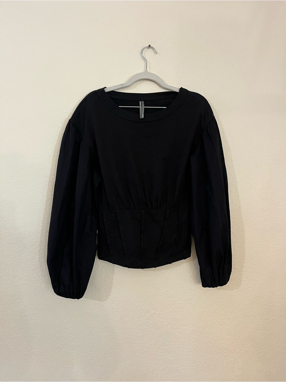 Anthropologie Women's Black Puff Sleeve Peplum Top